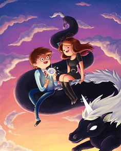 a man and woman sitting on top of a black dragon in the sky with clouds