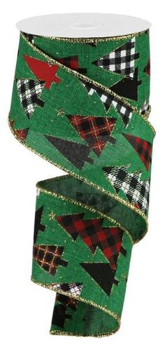 a roll of green and black plaid ribbon with red, white, and black trees on it