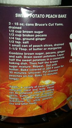 the instructions for how to make sweet potato peach bake are shown in this advertisement