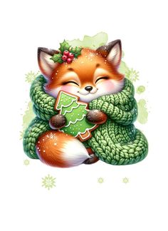 a red fox holding a green christmas tree