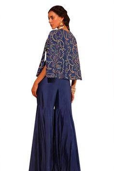 Electric blue short jacket with floral embroidery using resham, beads, sequin. Paired with an inner padded blouse with similar work in floral pattern and gharara. - Aza Fashions Blue Sharara For Evening Eid, Diwali Blue Floral Embroidered Sets, Festive Embroidered Indigo Sets, Blue Bohemian Embroidered Sharara, Blue Bollywood Top With Floral Embroidery, Semi-stitched Blue Embroidered Sharara, Padded Blouse, Embroidery Floral, Embroidered Shorts