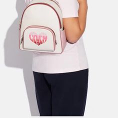 Nwt Coach Full Size Backpack Protective Area For Laptop Retails For $489 Refined Pebble Leather Adjustable Straps (Pink)Heart Chalk And Black Back White Backpack With Logo, Everyday White Backpack With Logo, White Logo Backpack For Everyday Use, Everyday White Logo Backpack, White Logo Backpack, White Coach Backpack For Everyday Use, White Coach Backpack For Travel, Everyday White Coach Backpack, Coach Backpack