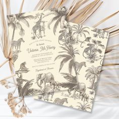 two wedding cards with an elephant and giraffe on them, next to palm trees