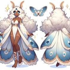 an image of a woman dressed as a fairy with blue wings and white hair, standing next to a butterfly