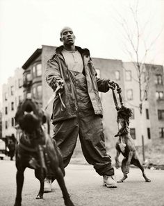 a man is walking two dogs in the street