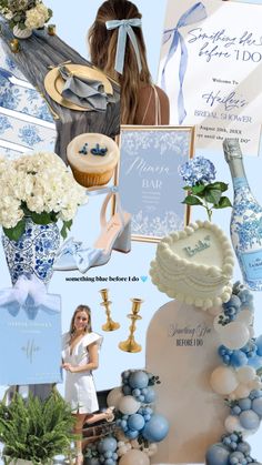 a collage of blue and white items including cake, flowers, vases and greeting cards