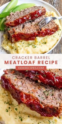 meatloaf recipe on a plate with mashed potatoes and green beans in the background