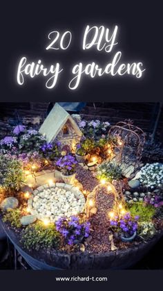 the words 20 diy fairy gardens surrounded by flowers and rocks