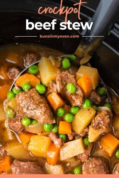 crock pot beef stew with peas and carrots in a slow cooker, ready to be eaten