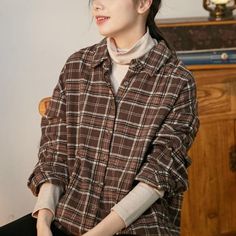 Comfortable, One of Kind. Blouses online shop,|Vintage|Cotton Brushed|Regular|Long Sleeve|Lapel|Plaid|One Size|Spring/Fall|Hand Wash|Chocolate Ripped Dress, Flax Clothing, Oversized Plaid Shirts, Dresses To Make, Comfortable Blouses, Cocoon Dress, Style 2023, Tent Dress, Half Sleeve Dresses