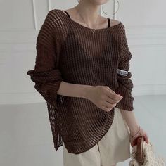 Women O-Neck Loose Casual Shirt Hollow Out Beach Top Knit Long Sleeve – lastrafashion Knitted Top Outfit, Oversized Sweater Women, Y2k Sweater, Top Streetwear, Chic Sweaters, Knitted Top, Knit Long Sleeve, Knitting Women Sweater, Long Sleeve Tees Women