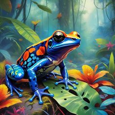 a blue and orange frog sitting on top of a leaf