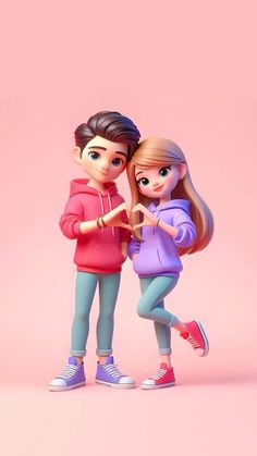 two young people standing next to each other in front of a pink background with the words,