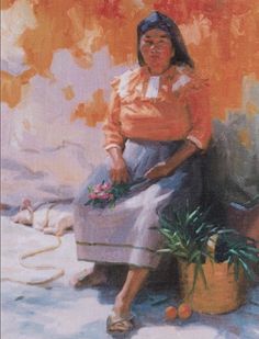 a painting of a woman sitting next to a potted plant