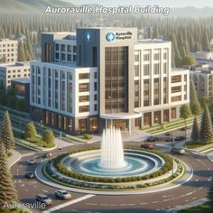 an artist's rendering of the auroraville hospital building, with fountain in front