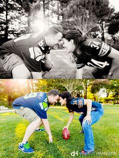 two people are kissing in the grass and one is holding a football while the other holds a ball