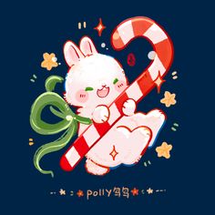 a cartoon bunny holding a candy cane