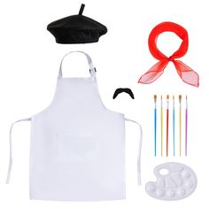 an apron, hat and other items are shown