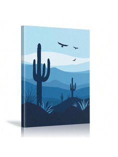 a painting of a cactus and birds in the sky with mountains in the back ground