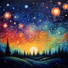 the night sky with stars and trees painted on it