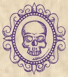 a drawing of a skull in the middle of a circle with an ornate border around it