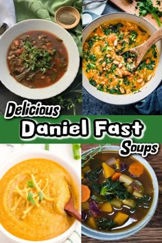 various soups are shown with the words delicious, dandel fast soups on them