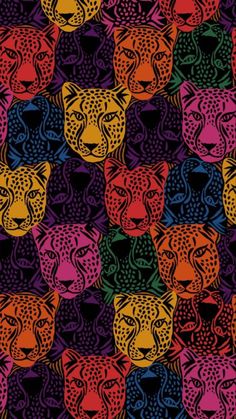 a colorful pattern with different colored cats on black and purple background, which is very similar to the same color scheme used in this image