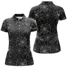 a women's black and white spider web polo shirt