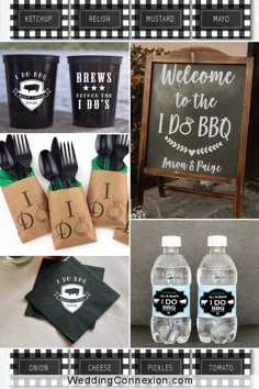 black and white wedding decorations with chalkboard signs, napkins, and water bottles