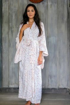 Batik robe, 'Bali Arabesques' - Fair Trade Floral Patterned Women's Robe from Indonesia Batik Patterns, Batik Art, Fair Trade Clothing, Traditional Kimono, Batik Design, Batik Pattern, Beach Boho, Women's Robe, Arabesque