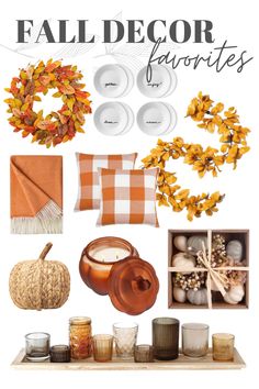 fall decor with candles, pumpkins and other things to decorate for the holiday season