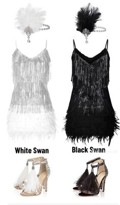 four different types of women's dresses and shoes with feathers on the bottom, black swan or white swan