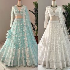 two dresses on mannequins, one in blue and the other in white