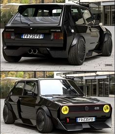 two pictures of a black car parked in front of a building