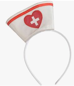 a white headband with a red heart and cross on it