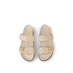 LOUIS VUITTON® - Bom Dia Flat Comfort Mule - Beige Clair Louie Vuitton, Louis Vuitton Official Website, Luxury Footwear, Aesthetic Shoes, Shoe Boot Sandals, Buckle Shoes, Louis Vuitton Official, Silver Jewelry Fashion, Monogram Bag