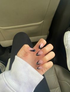 Almond Shaped Nails Black French Tip, Black French Tip Nails With Swirls, Cool Black French Tip Nails, Fun Black French Tip Nails, Short Almond Acrylic Nails Black French Tip, Black Line French Tip, Nails Idea For Black Dress, Black Nail Line Designs, Black French Tips Design