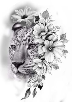 a black and white drawing of a leopard surrounded by flowers