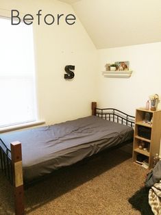 a bed sitting in a bedroom next to a window with the words before and after written on it