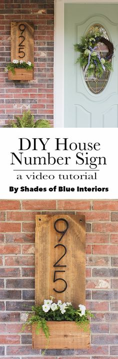 the diy house number sign is made from pallet wood and has flowers in it