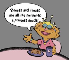 a cartoon cat is sitting at a table with cookies and milk in front of her