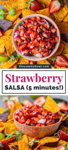 strawberry salsa in a bowl surrounded by tortilla chips and strawberries with text overlay