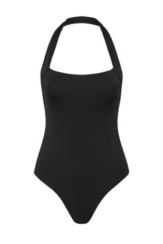 The Candice one piece in black is an elegant, feminine halterneck swimsuit that will never go out of style. The suit also works perfectly as a bodysuit worn under trousers or a skirt. A comfortable, wide, elasticated strap runs from under the shoulders and behind the neck. A scoop back reveals the shoulders. Self-lined in our ultra-soft Embodee™ fabric with high shaping power, Candice will become your go-to suit every summer. Luxury fabric sustainably made in Italy. Chic Bodysuit With Built-in Bra For Evening, Sleek Swimwear With Built-in Bra For Summer, Chic High Stretch Bodysuit For Summer, Chic High-stretch Bodysuit For Summer, Sleek Summer Swimwear, Sleek One-piece Bodysuit For Summer, Sleek One-piece Summer Bodysuit, Chic Swimwear With Built-in Bra, Sleek Summer One-piece Bodysuit