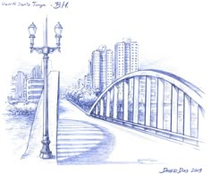 a drawing of a street light and bridge