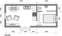 the floor plan for a small house with two beds and one bathroom, including a living room