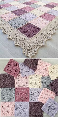 crocheted afghans are arranged on the floor in different colors and sizes, including pink