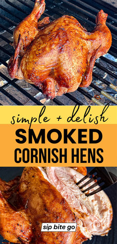 Traeger Grills Smoked Cornish Hens Recipe Images with text overlay and Sip Bite Go logo Smoked Cornish Hens In Electric Smoker, Smoked Cornish Game Hen Recipes, Smoked Game Hens, Cornish Hens On The Grill, Cornish Hen Recipes, Smoker Meals