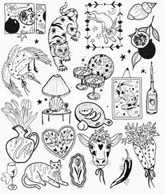 a black and white drawing of many different things