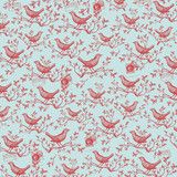 a blue and red wallpaper with birds on it