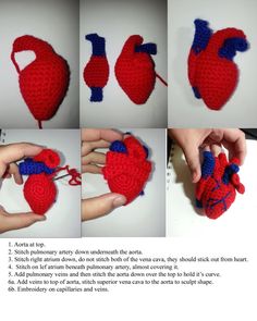 crocheted heart shaped object being made with yarn and thread, instructions to make it